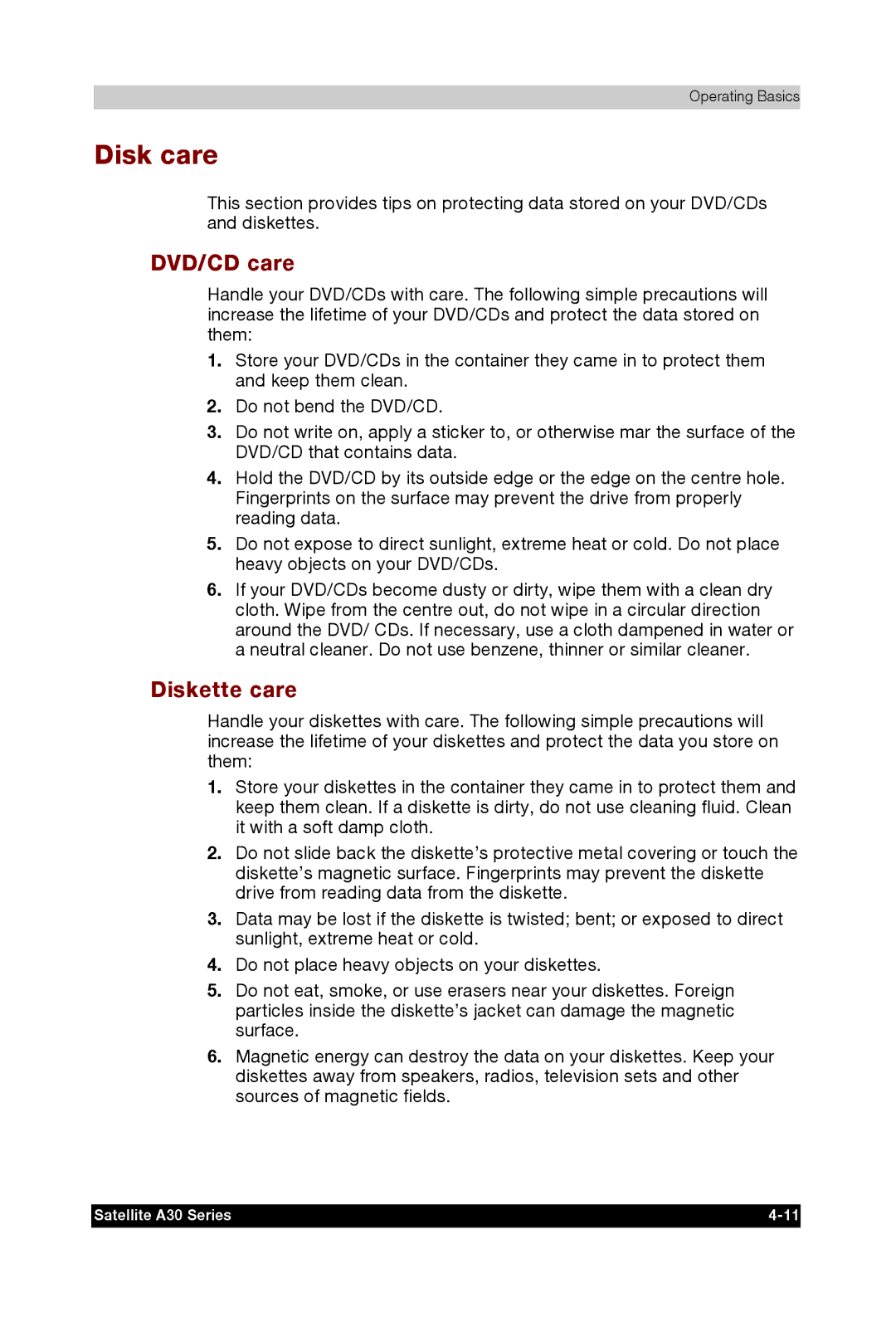 Toshiba A30 user manual Disk care, DVD/CD care, Diskette care 