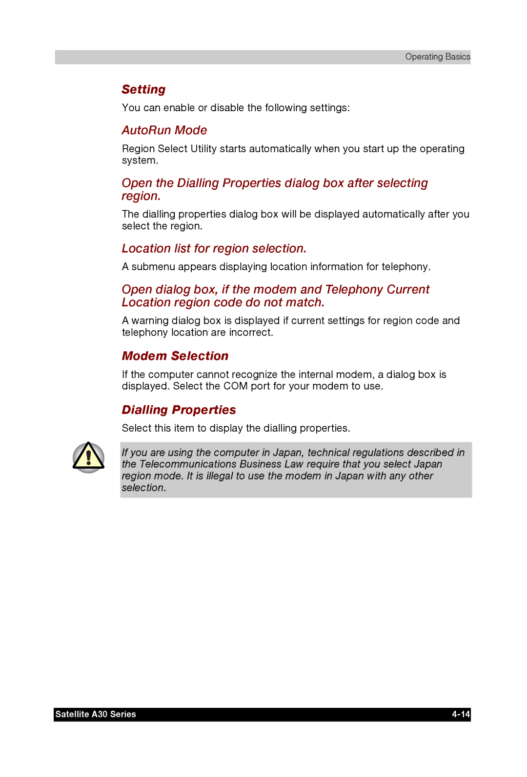 Toshiba A30 user manual Setting, Modem Selection, Dialling Properties 