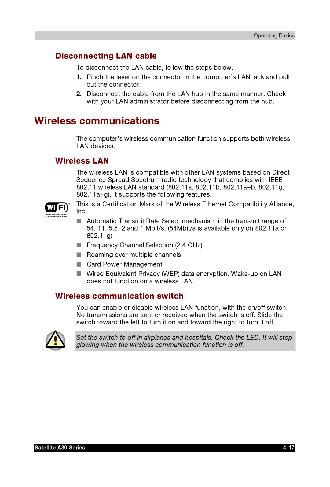 Toshiba A30 user manual Wireless communications, Disconnecting LAN cable, Wireless LAN, Wireless communication switch 