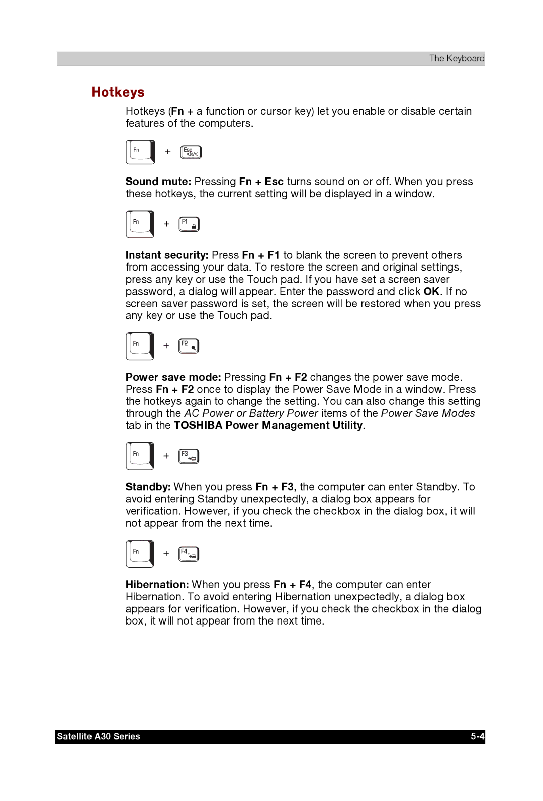 Toshiba A30 user manual Hotkeys 