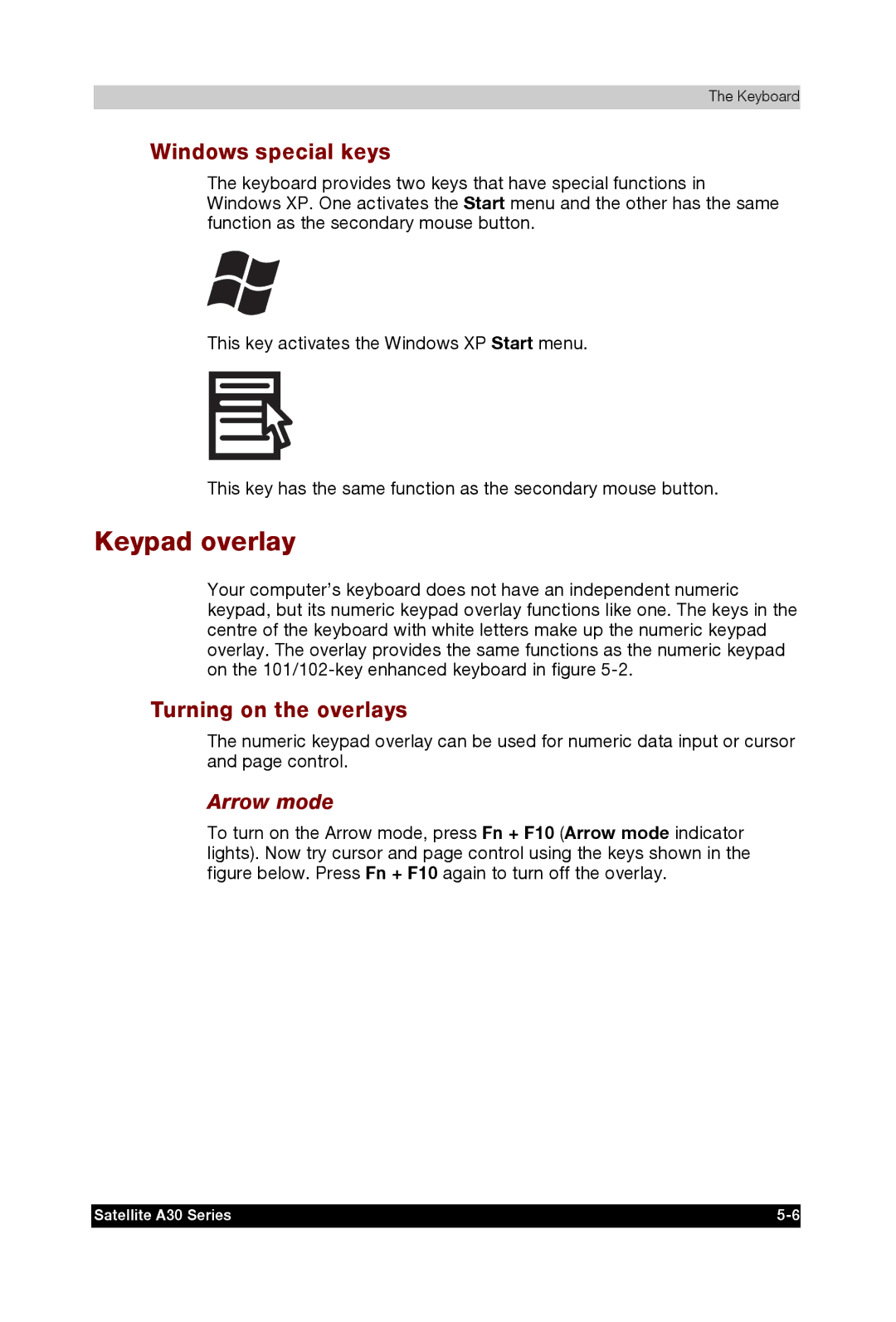 Toshiba A30 user manual Keypad overlay, Windows special keys, Turning on the overlays, Arrow mode 