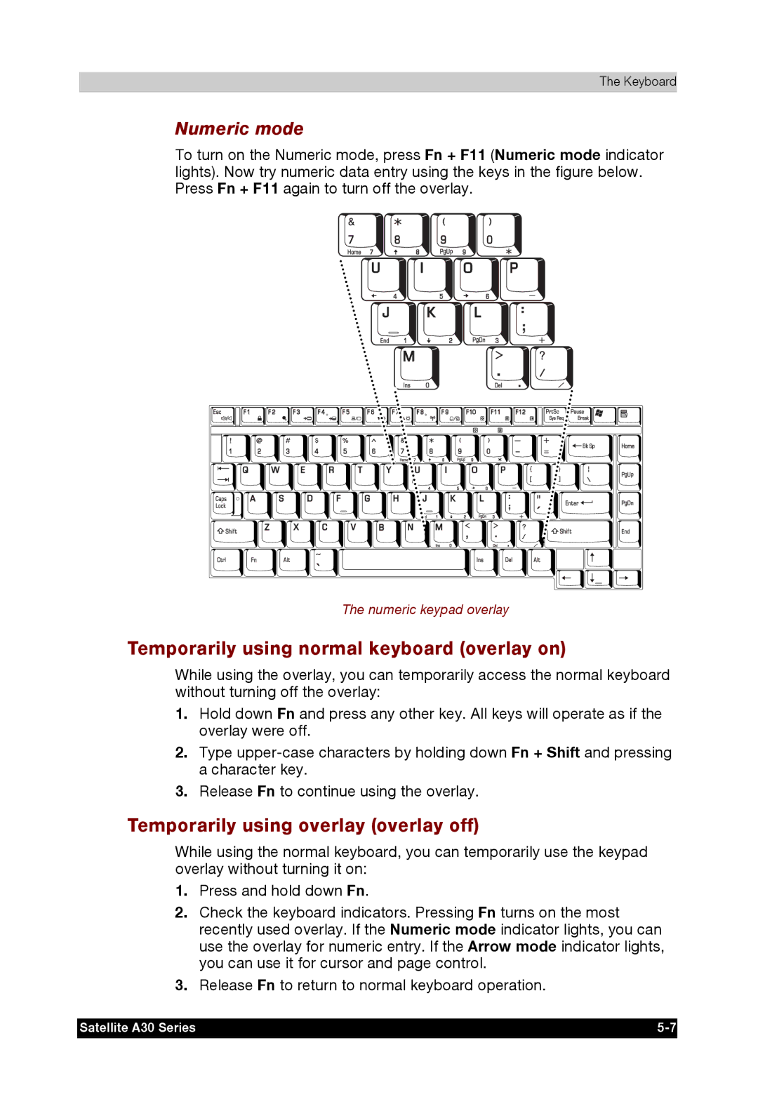 Toshiba A30 user manual Temporarily using normal keyboard overlay on, Temporarily using overlay overlay off, Numeric mode 