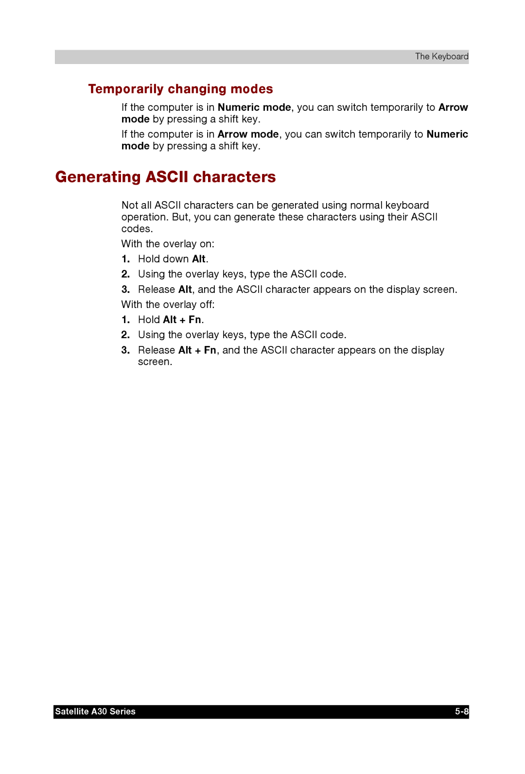 Toshiba A30 user manual Generating Ascii characters, Temporarily changing modes, Hold Alt + Fn 