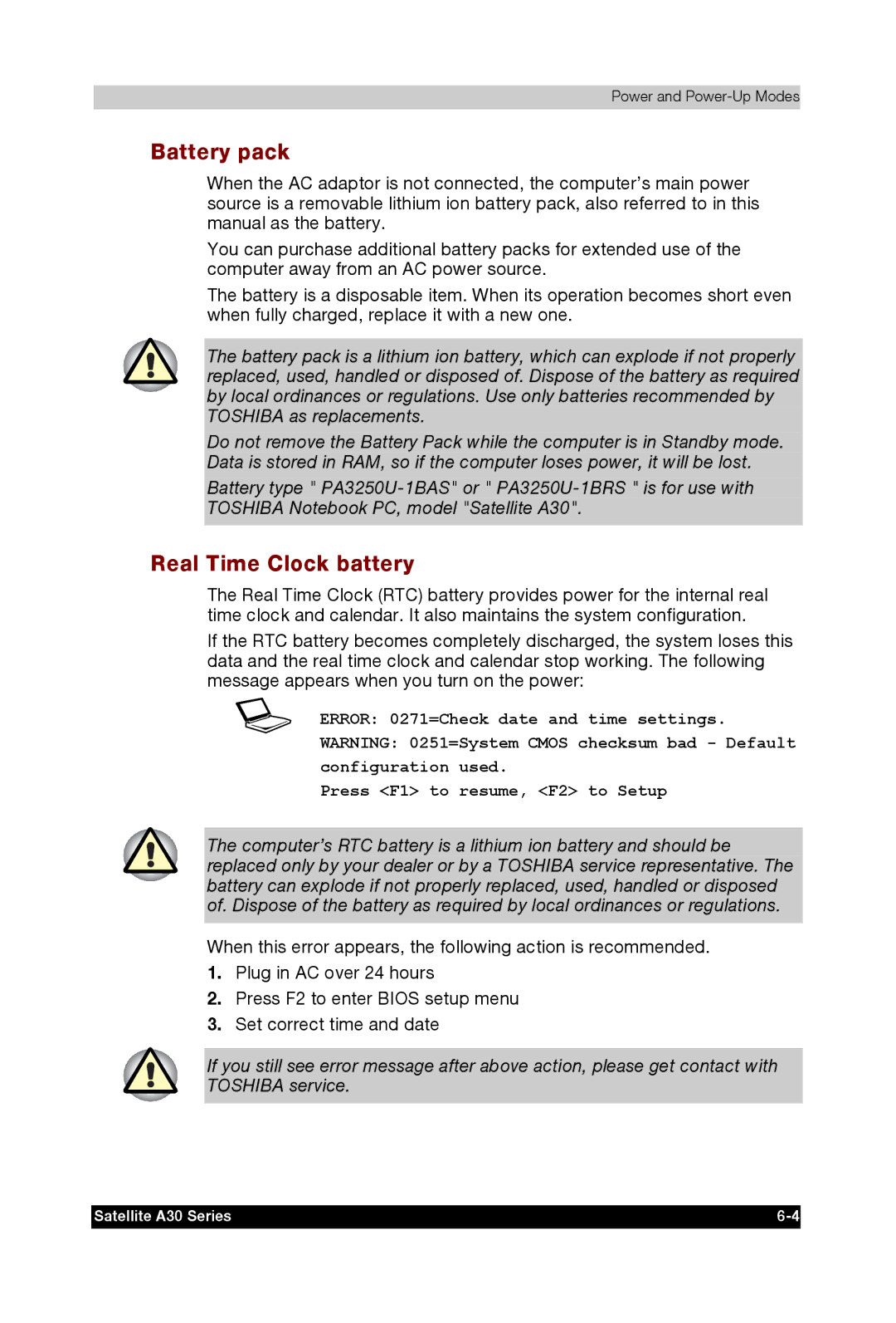 Toshiba A30 user manual Battery pack, Real Time Clock battery 