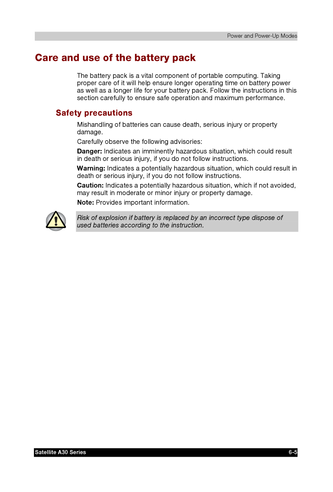 Toshiba A30 user manual Care and use of the battery pack, Safety precautions 