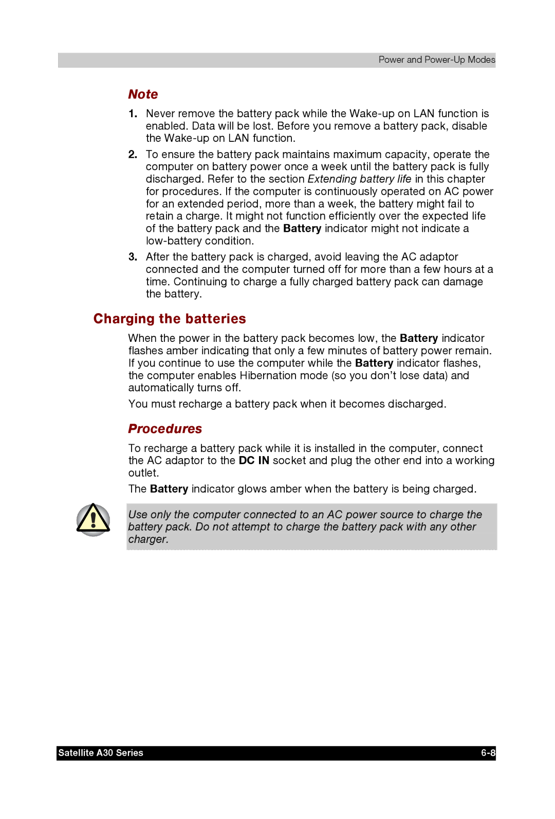 Toshiba A30 user manual Charging the batteries, Procedures 