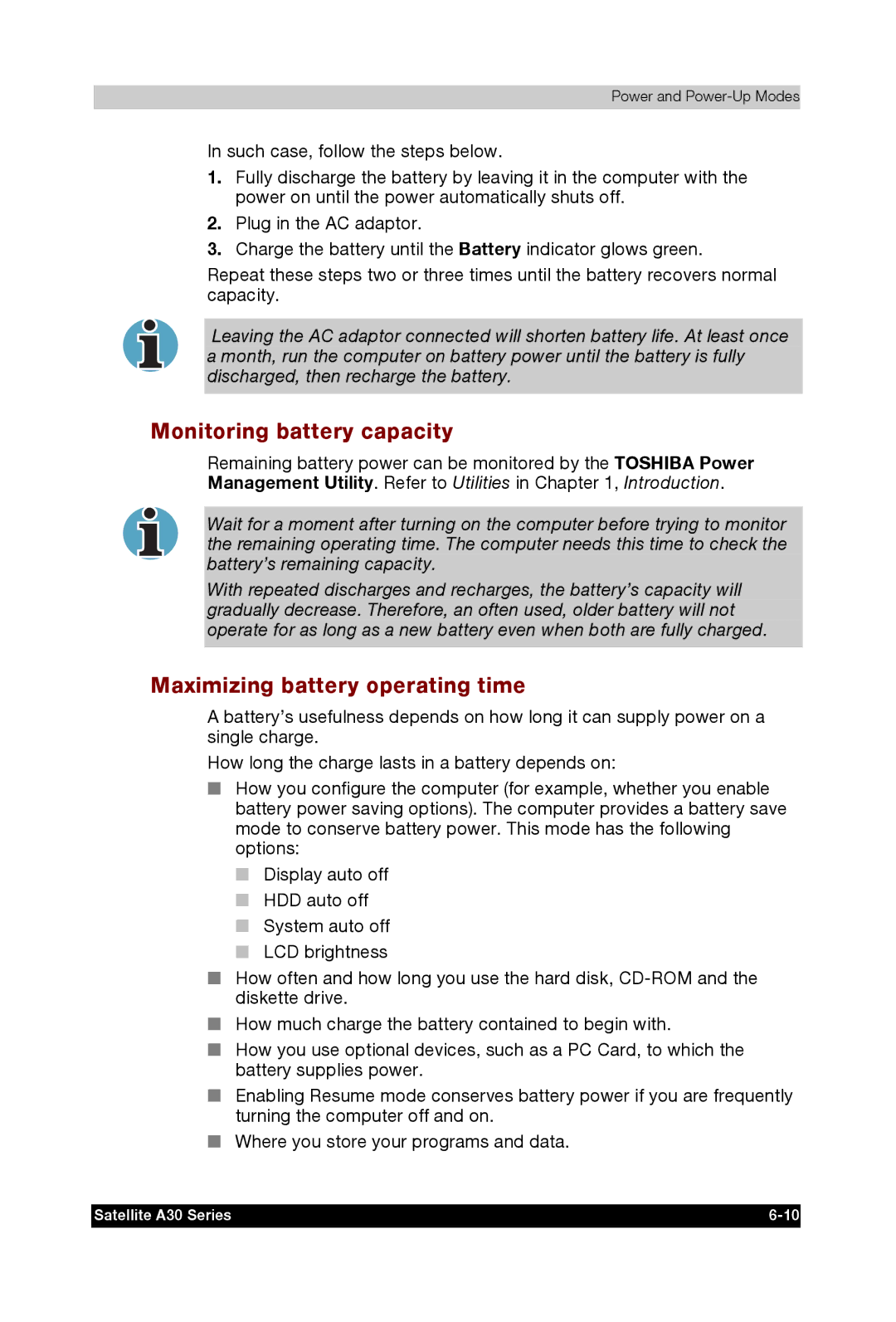 Toshiba A30 user manual Monitoring battery capacity, Maximizing battery operating time 