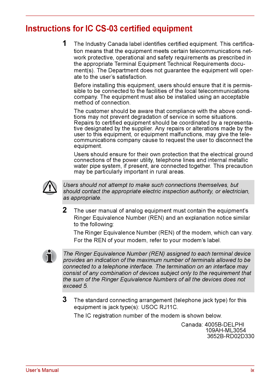 Toshiba PRO A300D user manual Instructions for IC CS-03 certified equipment 