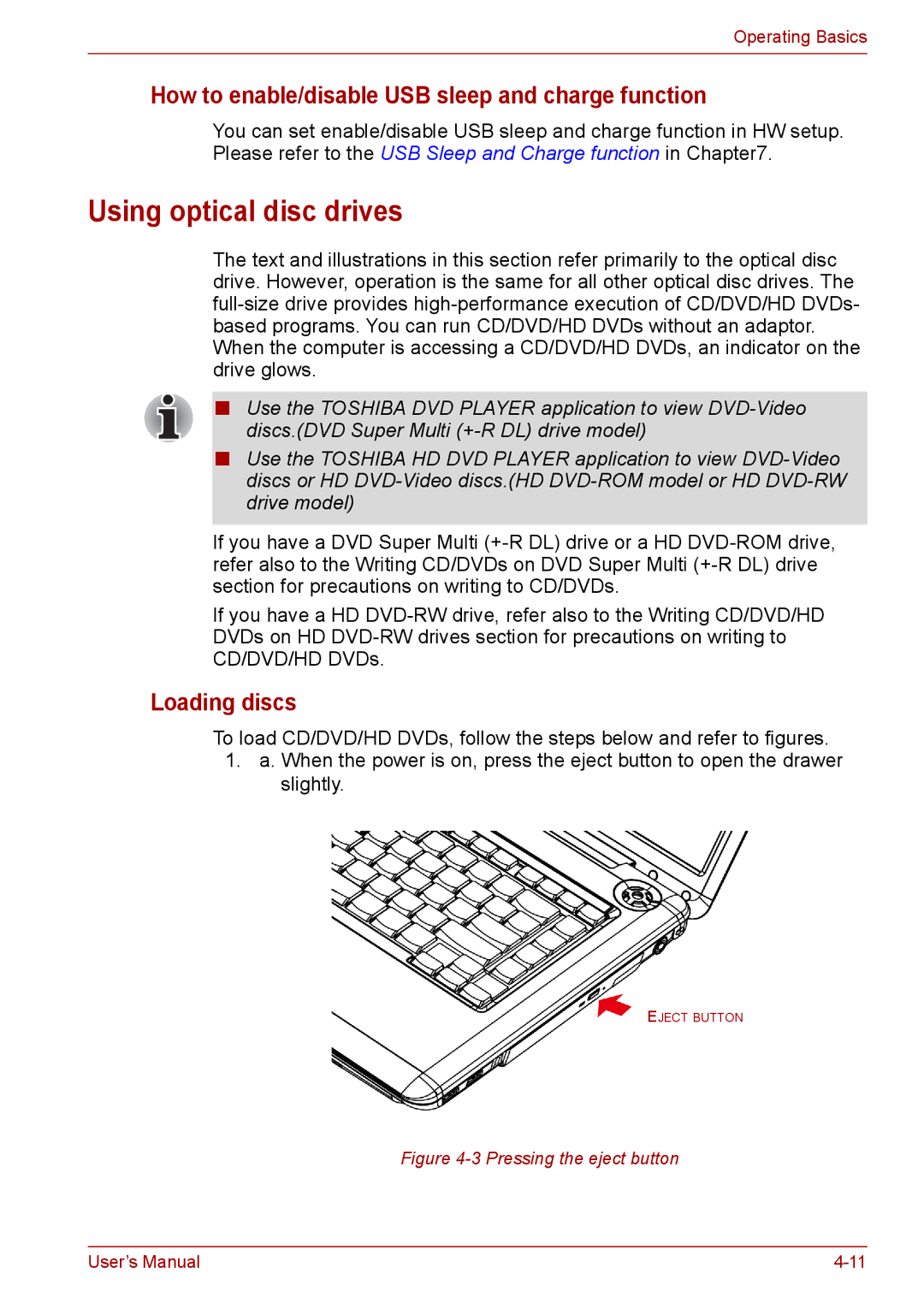 Toshiba PRO A300D Using optical disc drives, How to enable/disable USB sleep and charge function, Loading discs 