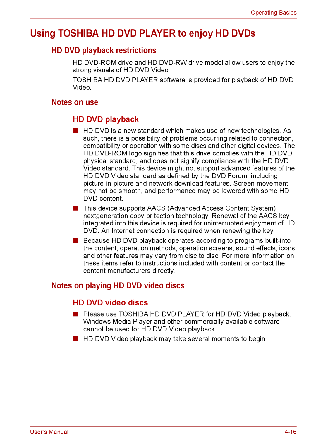 Toshiba PRO A300D user manual Using Toshiba HD DVD Player to enjoy HD DVDs, HD DVD playback restrictions 