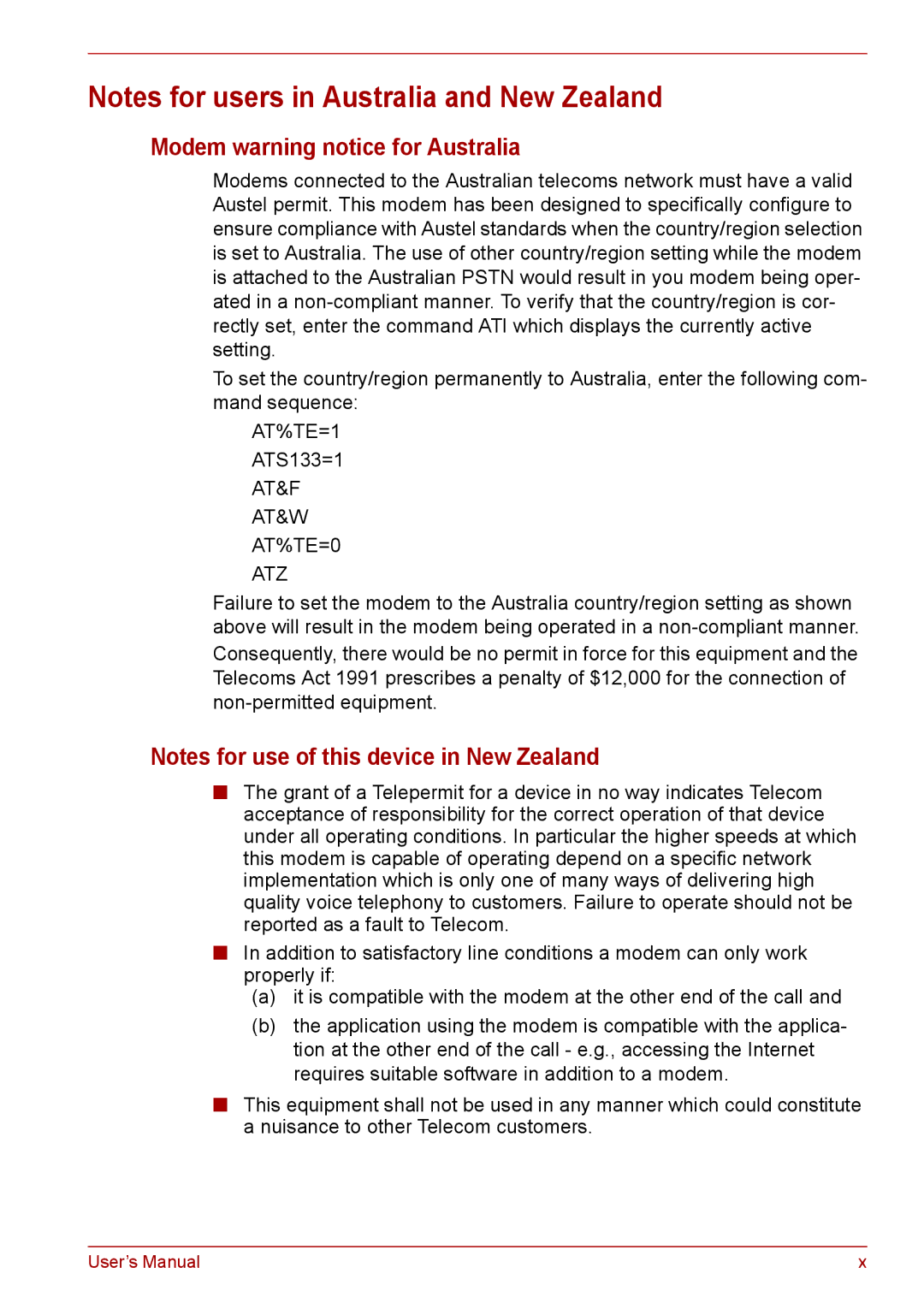 Toshiba PRO A300D user manual Modem warning notice for Australia, AT&F AT&W AT%TE=0 ATZ 