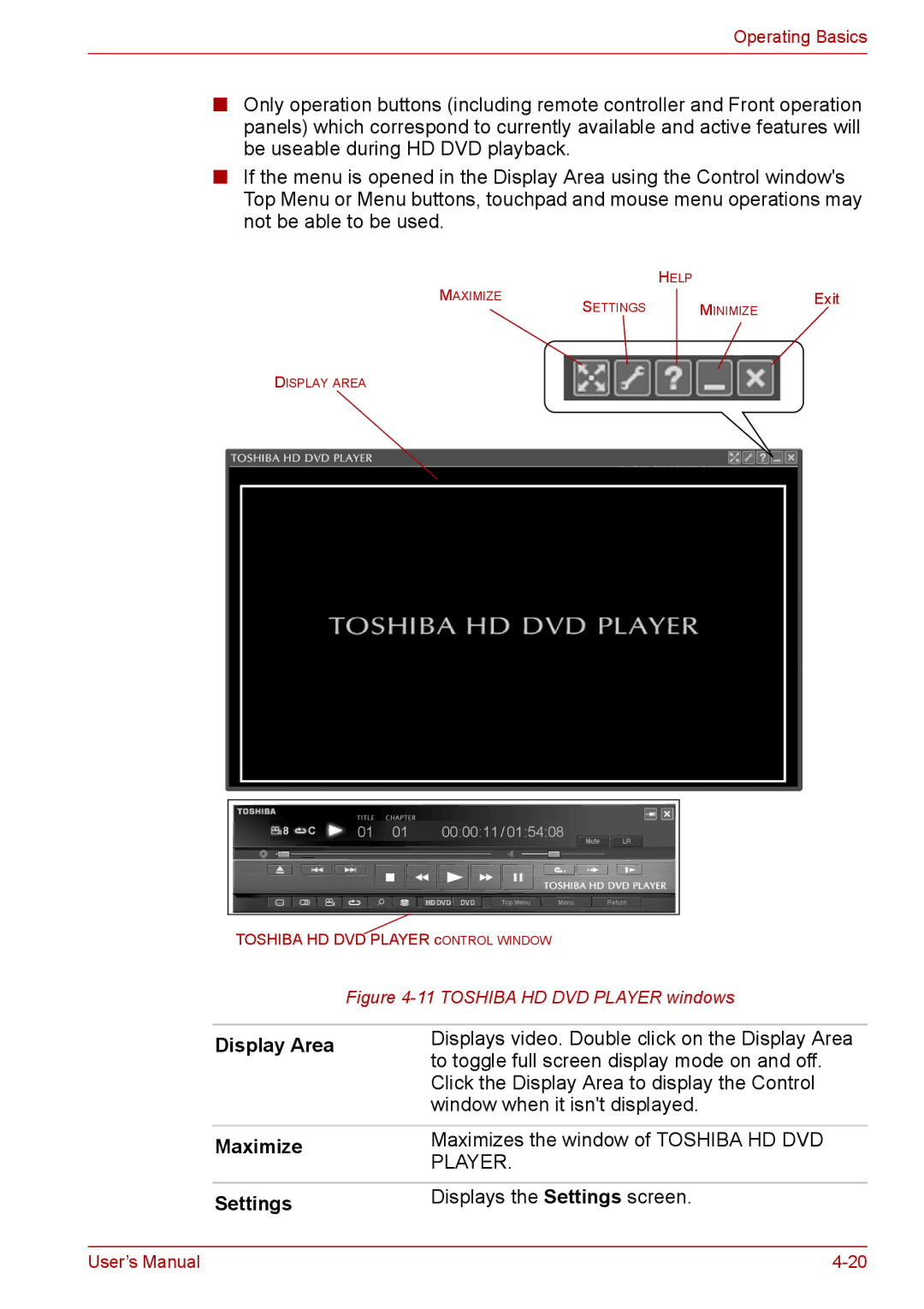 Toshiba PRO A300D user manual Display Area, Maximize, Settings 