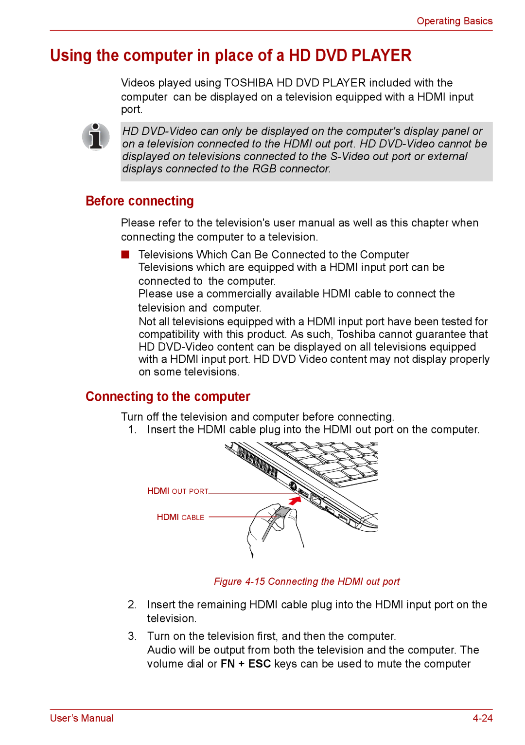 Toshiba PRO A300D user manual Using the computer in place of a HD DVD Player, Before connecting, Connecting to the computer 