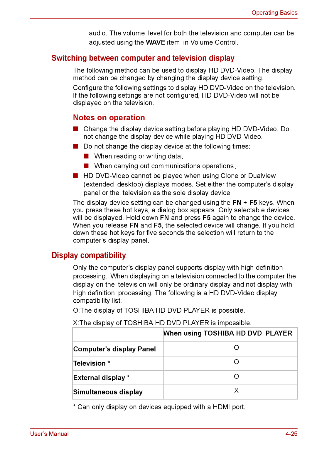 Toshiba PRO A300D user manual Switching between computer and television display, Display compatibility 