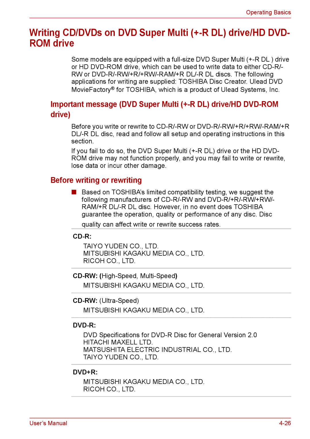 Toshiba PRO A300D user manual Before writing or rewriting 