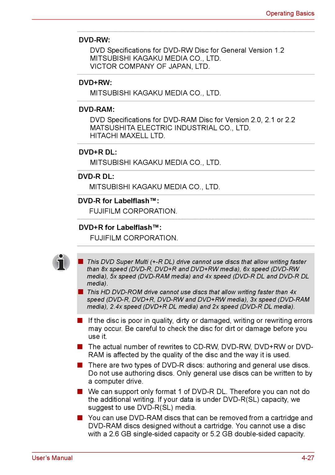 Toshiba PRO A300D user manual DVD-R for Labelflash, DVD+R for Labelflash 