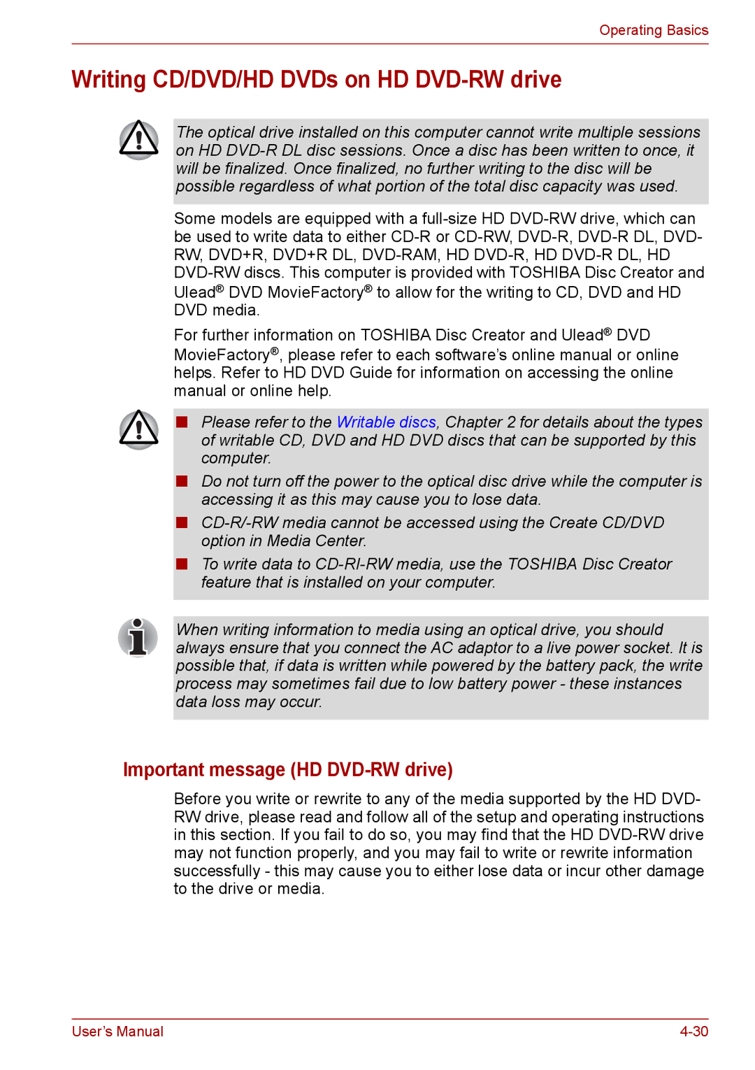 Toshiba PRO A300D user manual Writing CD/DVD/HD DVDs on HD DVD-RW drive, Important message HD DVD-RW drive 