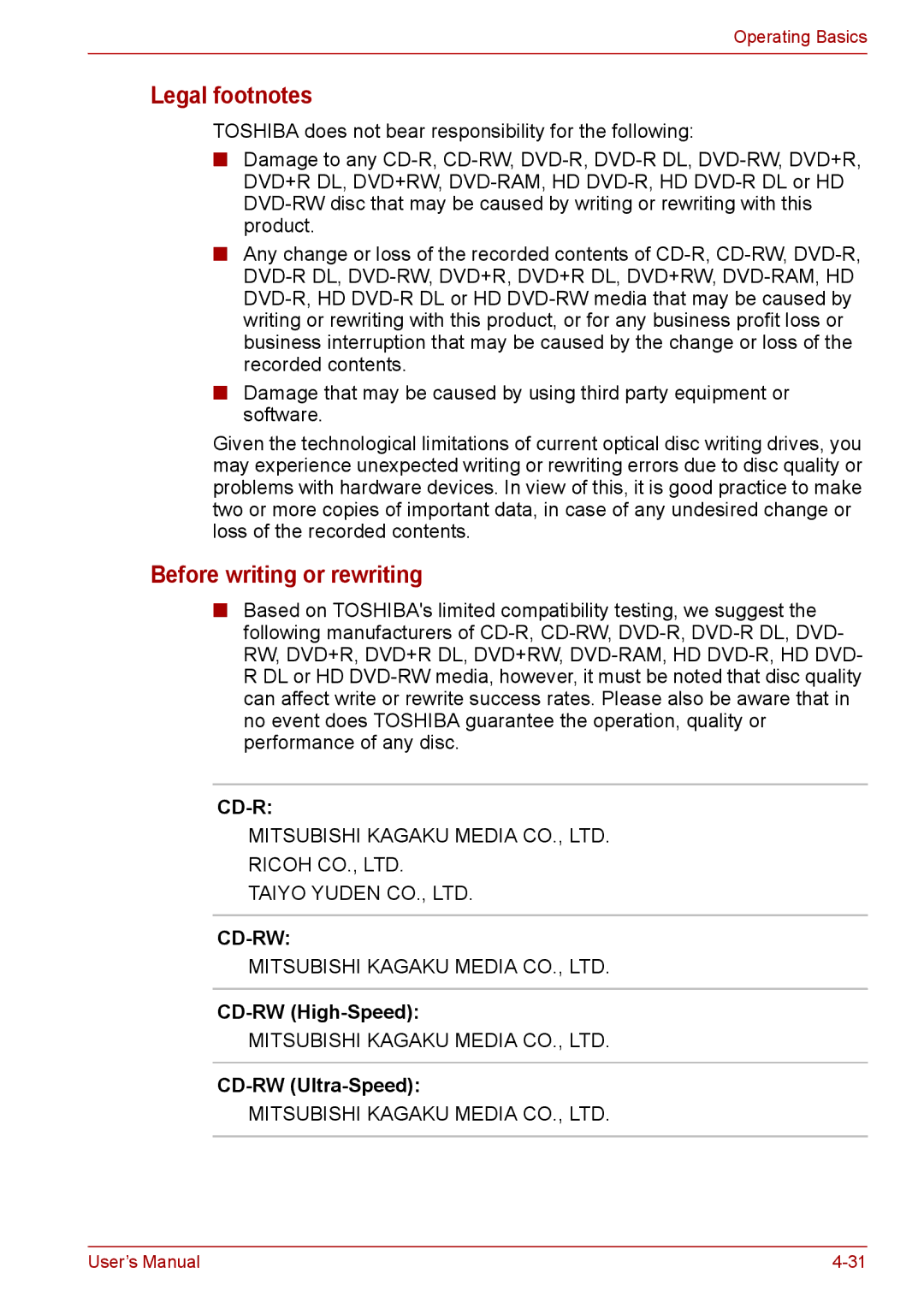 Toshiba PRO A300D user manual Legal footnotes, CD-RW High-Speed CD-RW Ultra-Speed 