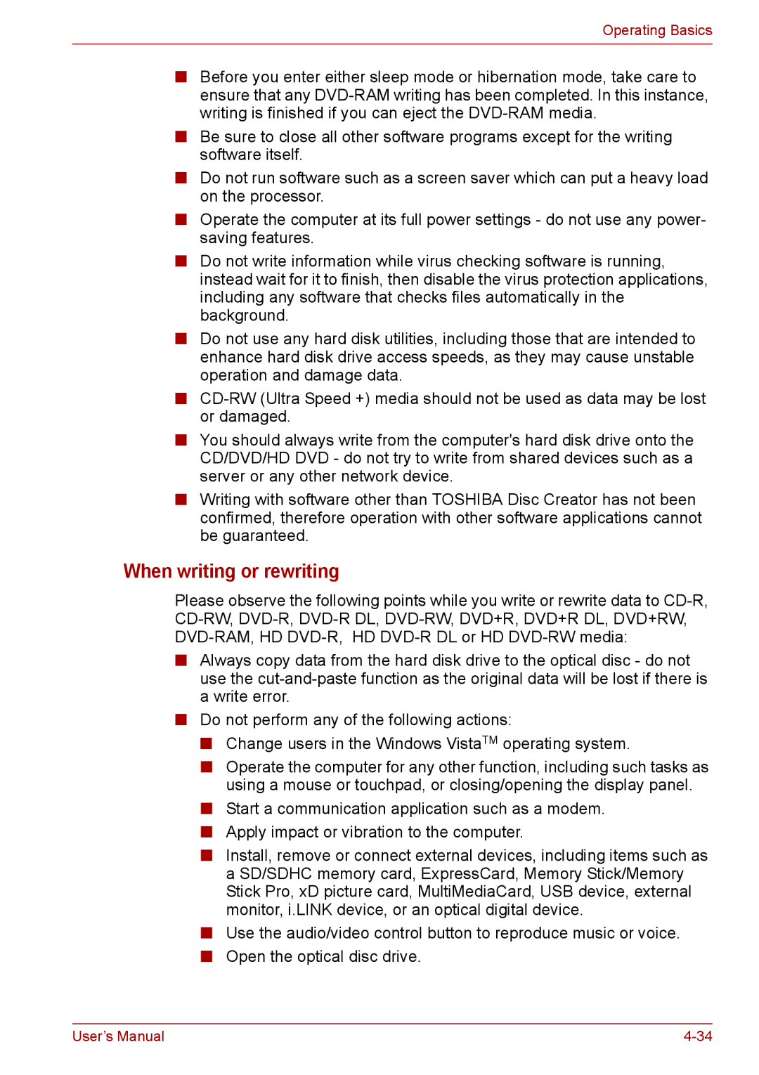 Toshiba PRO A300D user manual When writing or rewriting 