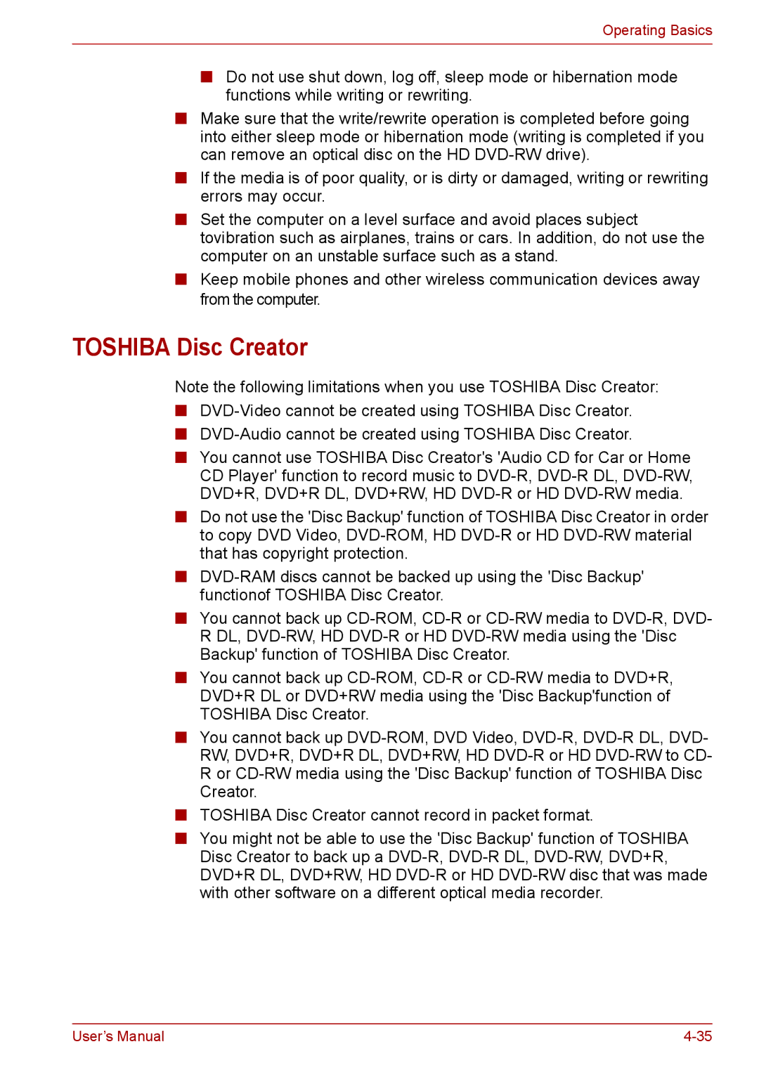 Toshiba PRO A300D user manual Toshiba Disc Creator 