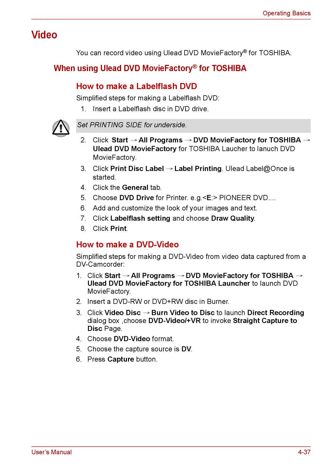 Toshiba A300D Video, When using Ulead DVD MovieFactory for Toshiba, Click Labelflash setting and choose Draw Quality 