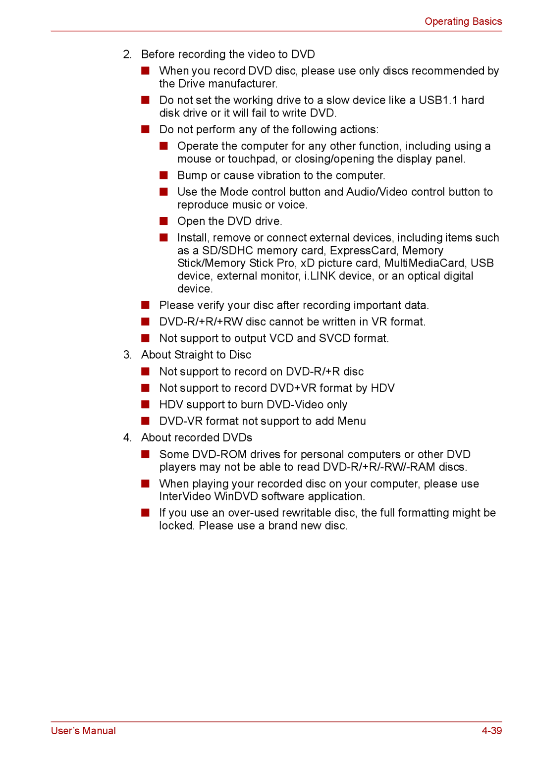 Toshiba PRO A300D user manual Operating Basics 