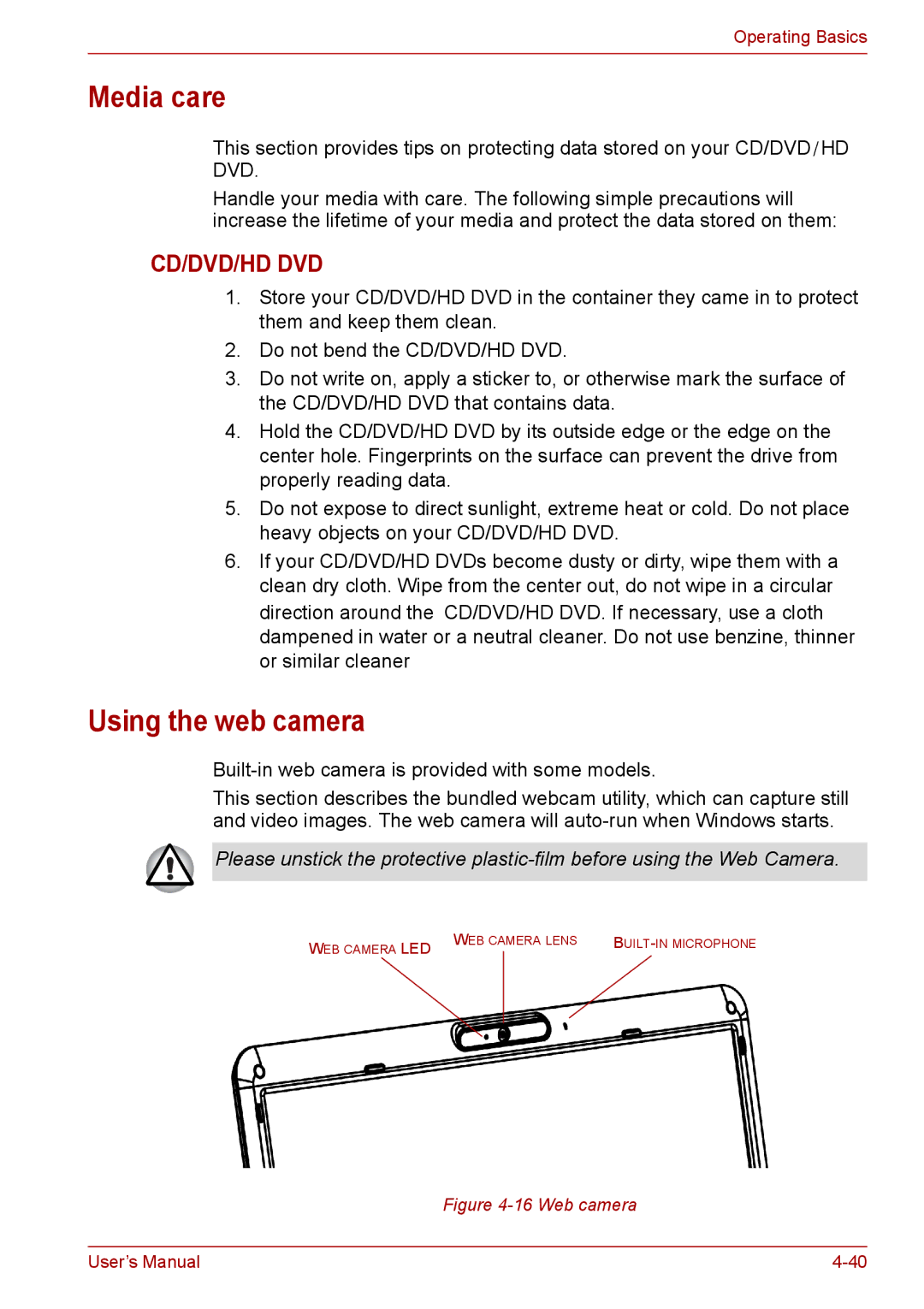 Toshiba PRO A300D user manual Media care, Using the web camera 