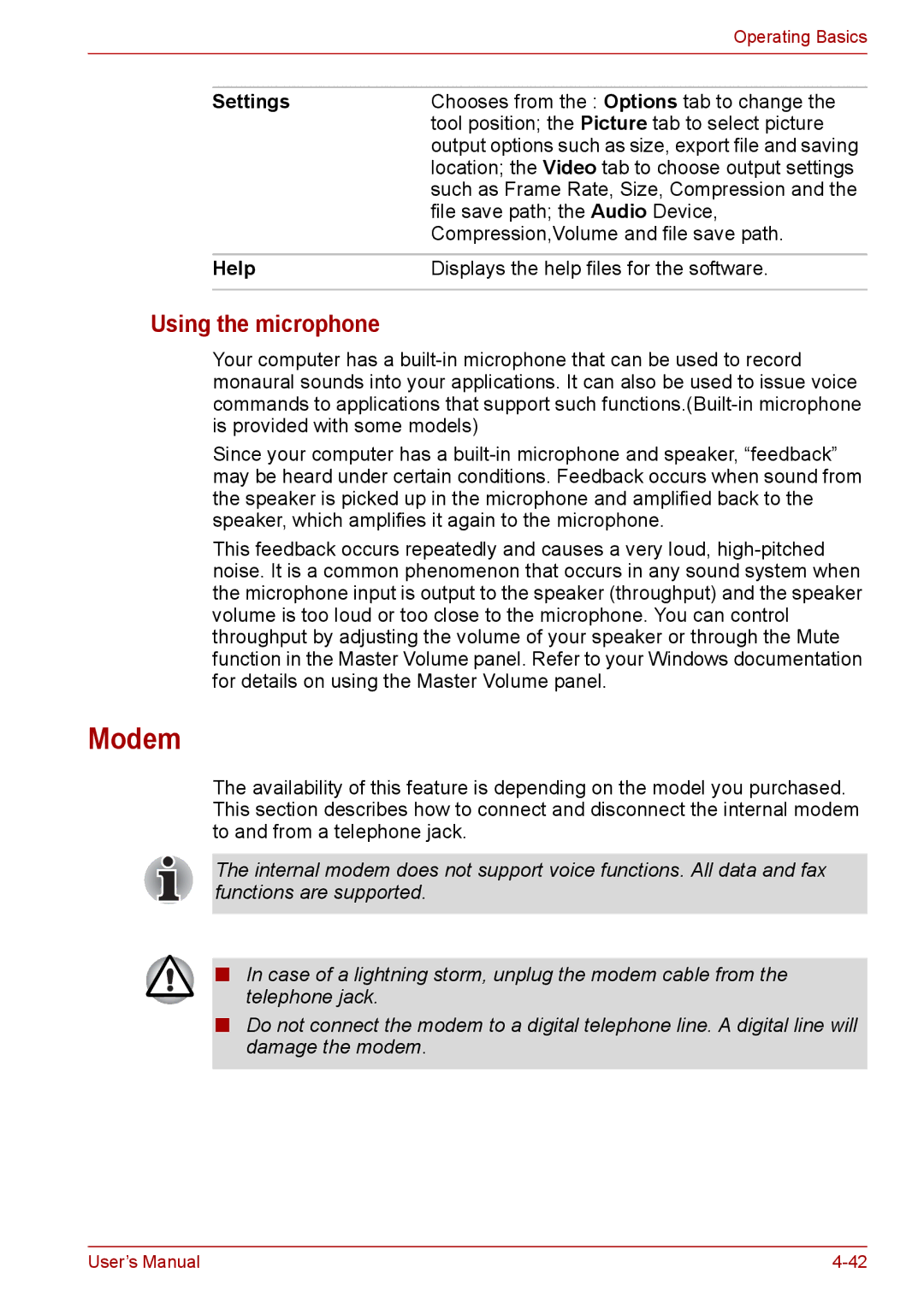 Toshiba PRO A300D user manual Modem, Using the microphone 