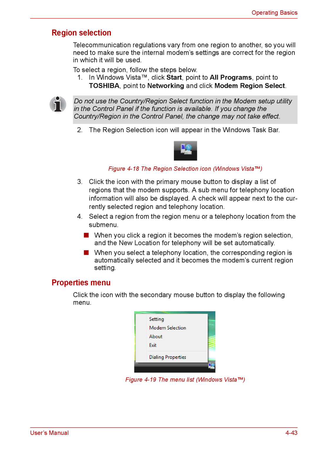 Toshiba PRO A300D user manual Properties menu, The Region Selection icon Windows Vista 