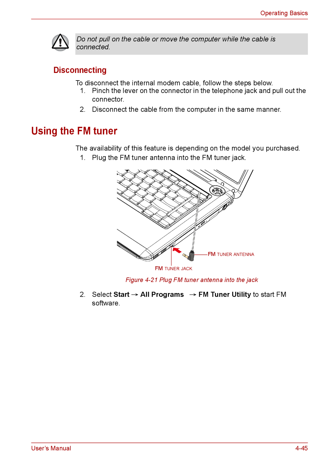 Toshiba A300D, PRO A300 Using the FM tuner, Disconnecting, Select Start → All Programs → FM Tuner Utility to start FM 