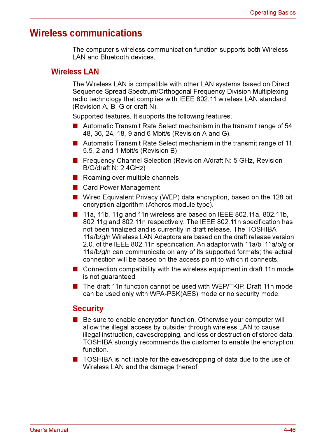 Toshiba PRO A300D user manual Wireless communications, Wireless LAN 