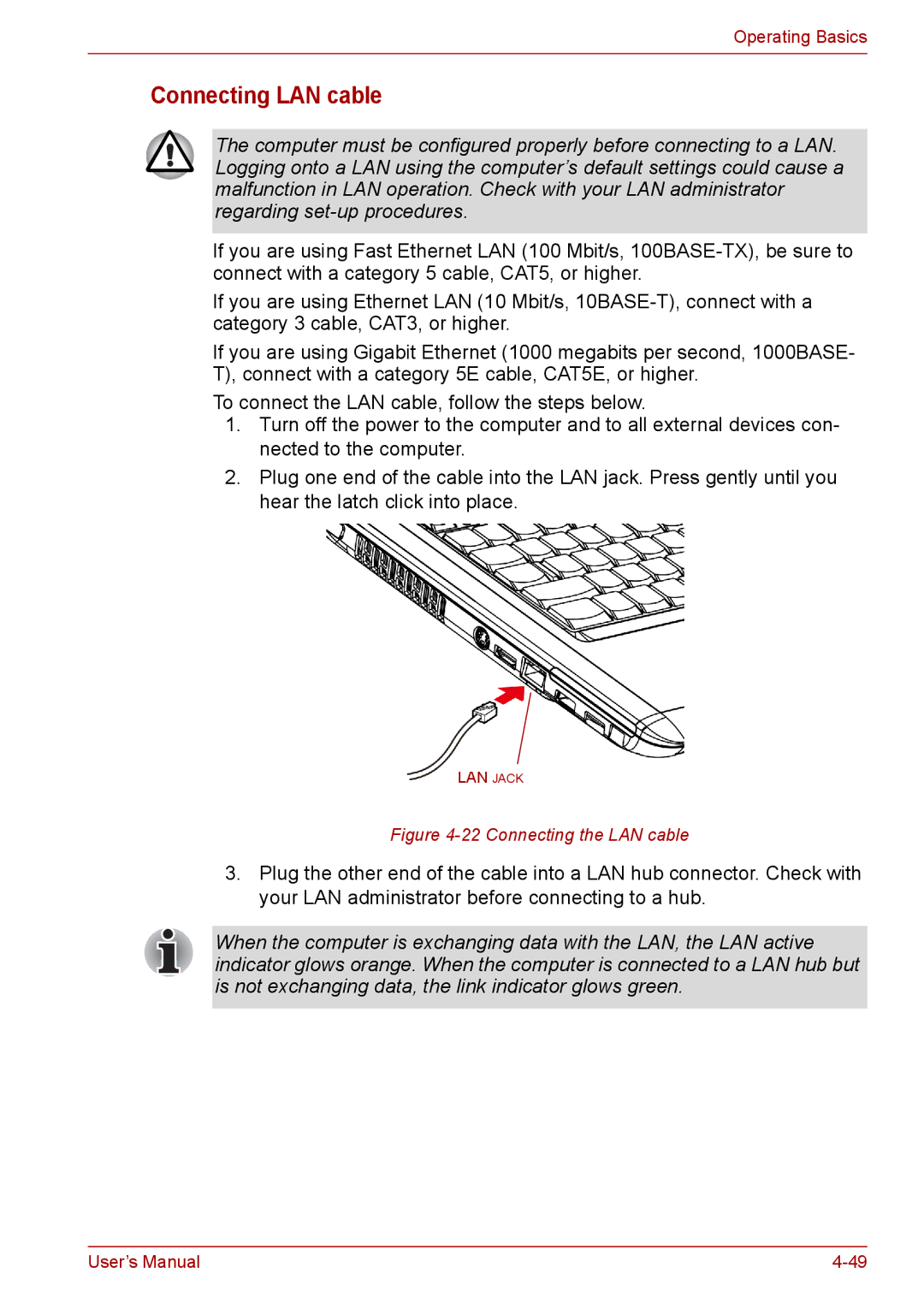 Toshiba PRO A300D user manual Connecting LAN cable, Connecting the LAN cable 