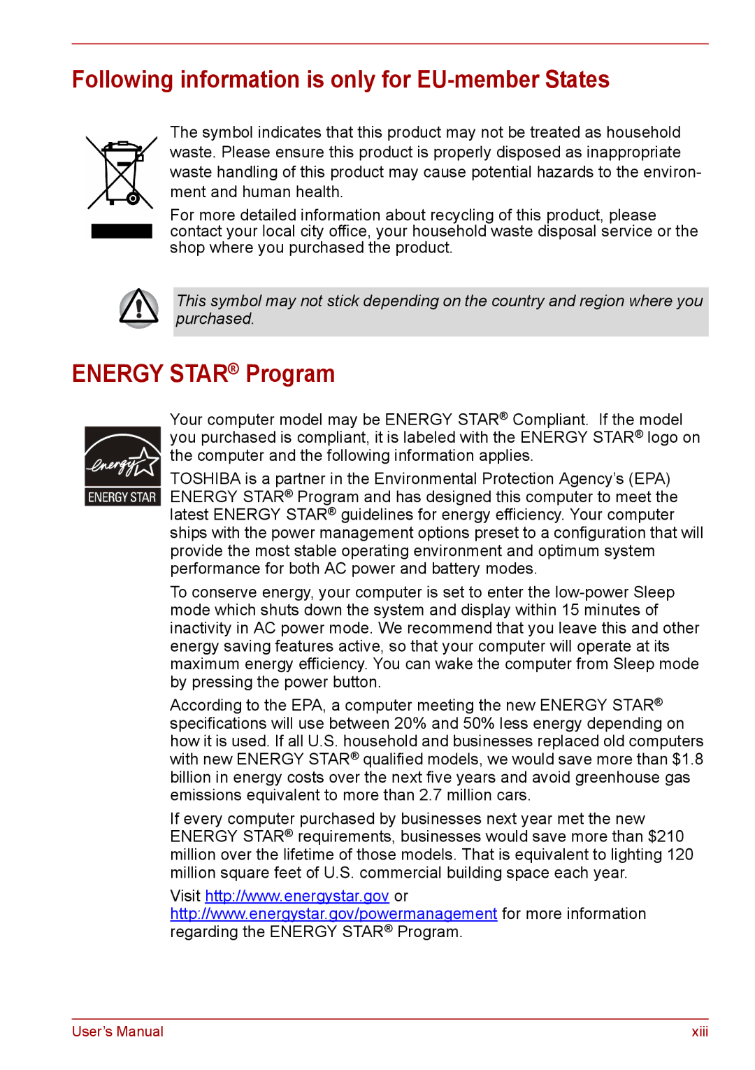 Toshiba PRO A300D user manual Following information is only for EU-member States, Energy Star Program 