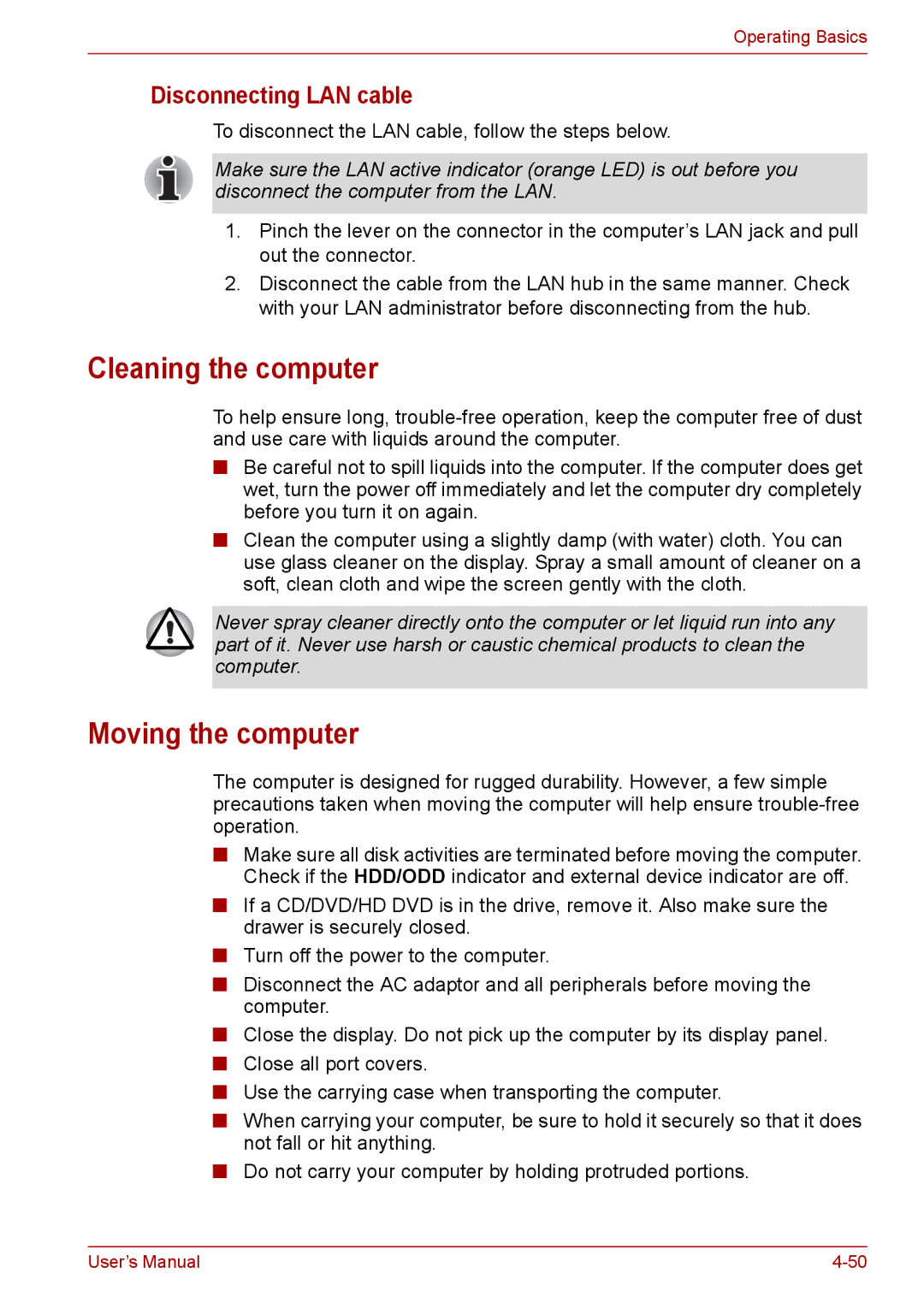 Toshiba PRO A300D user manual Cleaning the computer, Moving the computer, Disconnecting LAN cable 