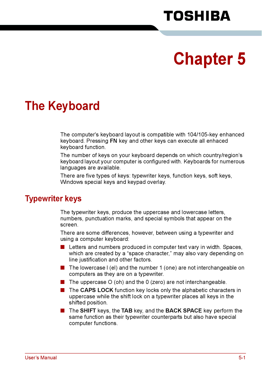 Toshiba PRO A300D user manual Keyboard, Typewriter keys 