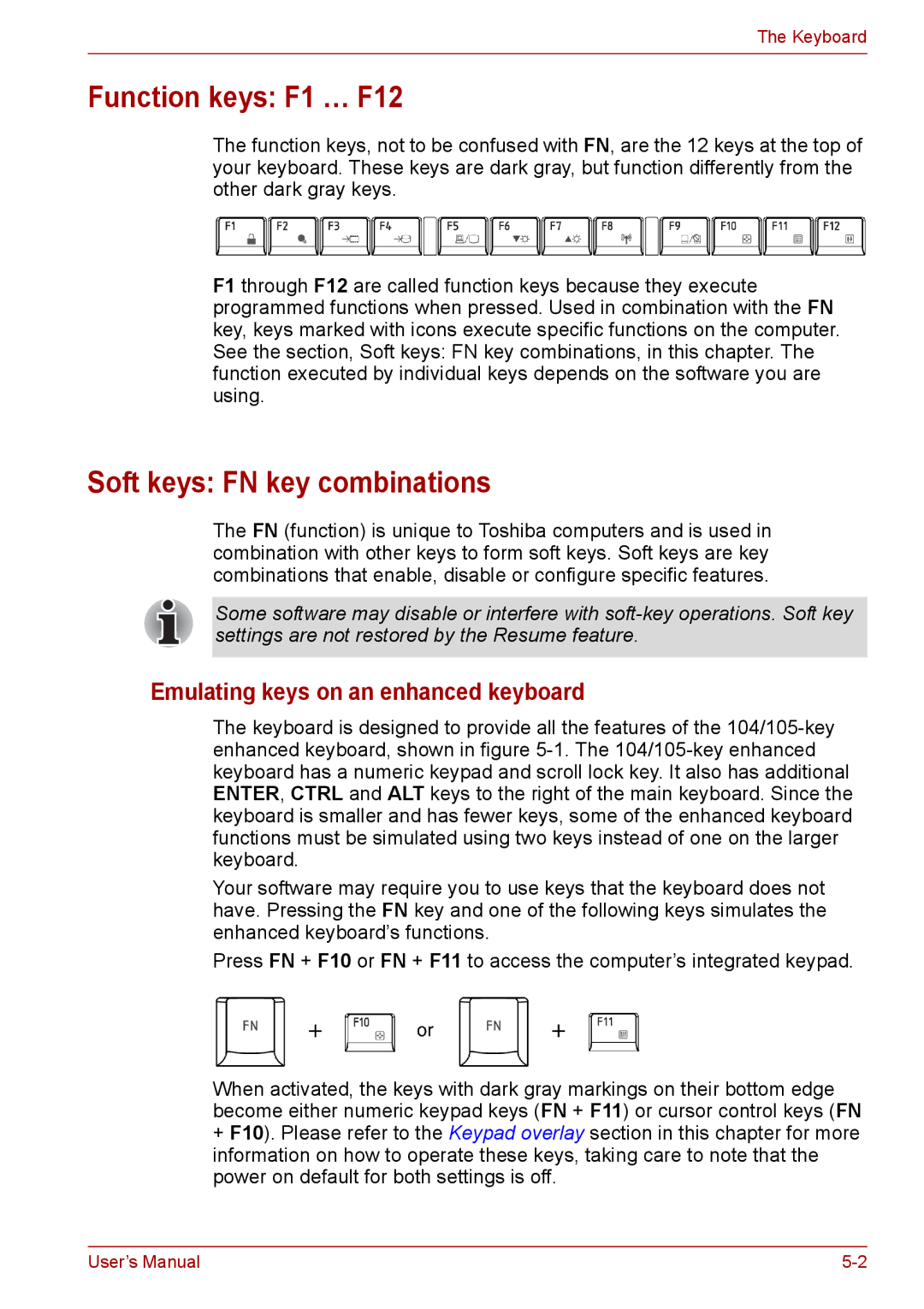 Toshiba A300D, PRO A300 Function keys F1 … F12, Soft keys FN key combinations, Emulating keys on an enhanced keyboard 