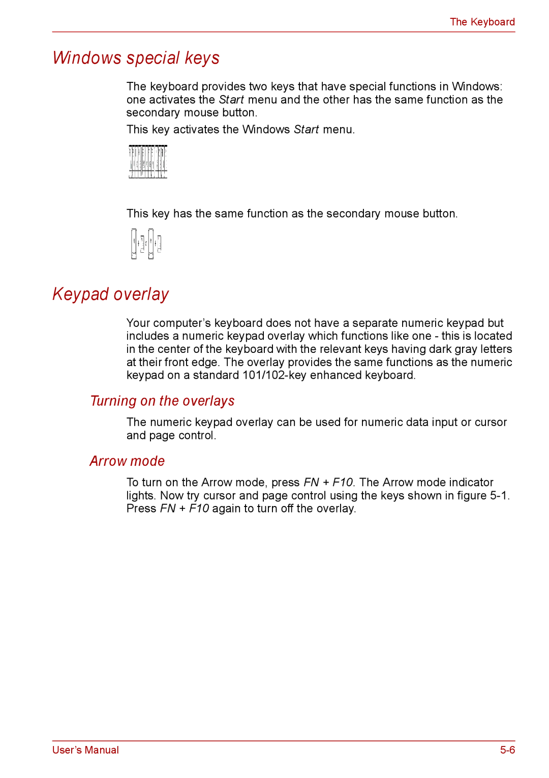 Toshiba PRO A300D user manual Windows special keys, Keypad overlay, Turning on the overlays, Arrow mode 