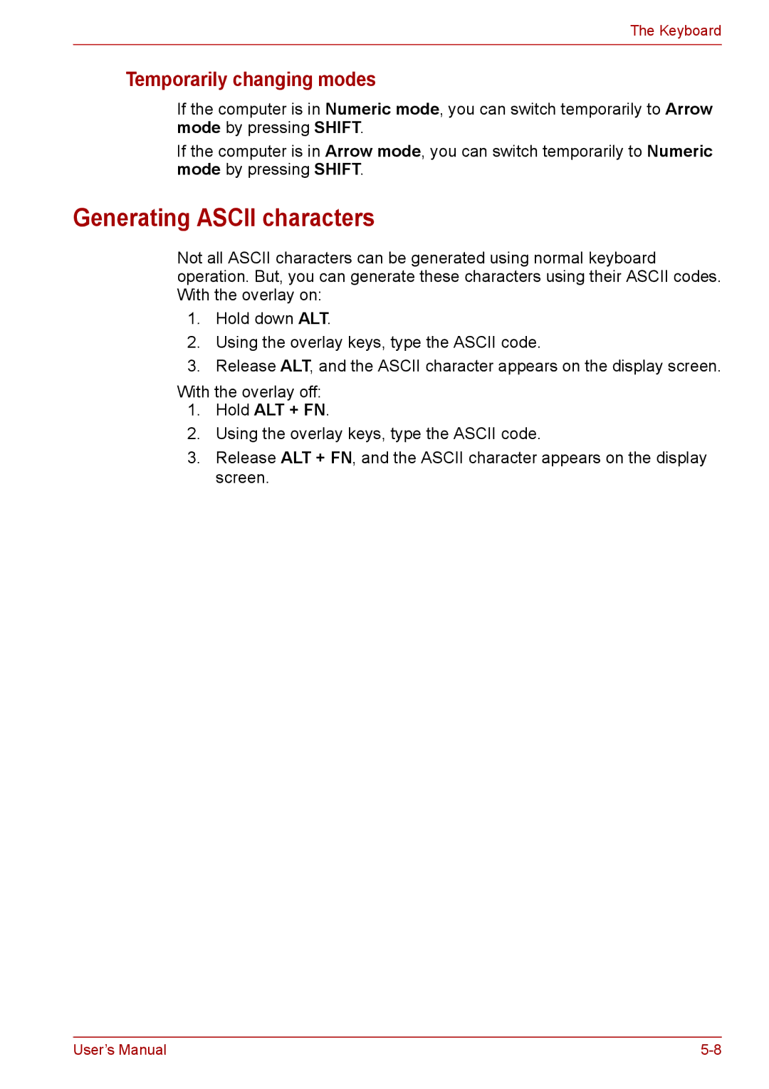 Toshiba PRO A300D user manual Generating Ascii characters, Temporarily changing modes, Hold ALT + FN 