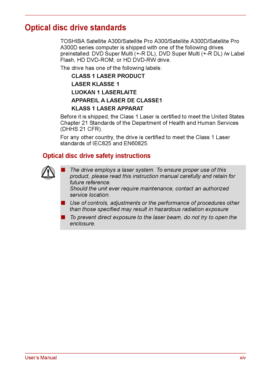 Toshiba PRO A300D user manual Optical disc drive standards, Optical disc drive safety instructions 