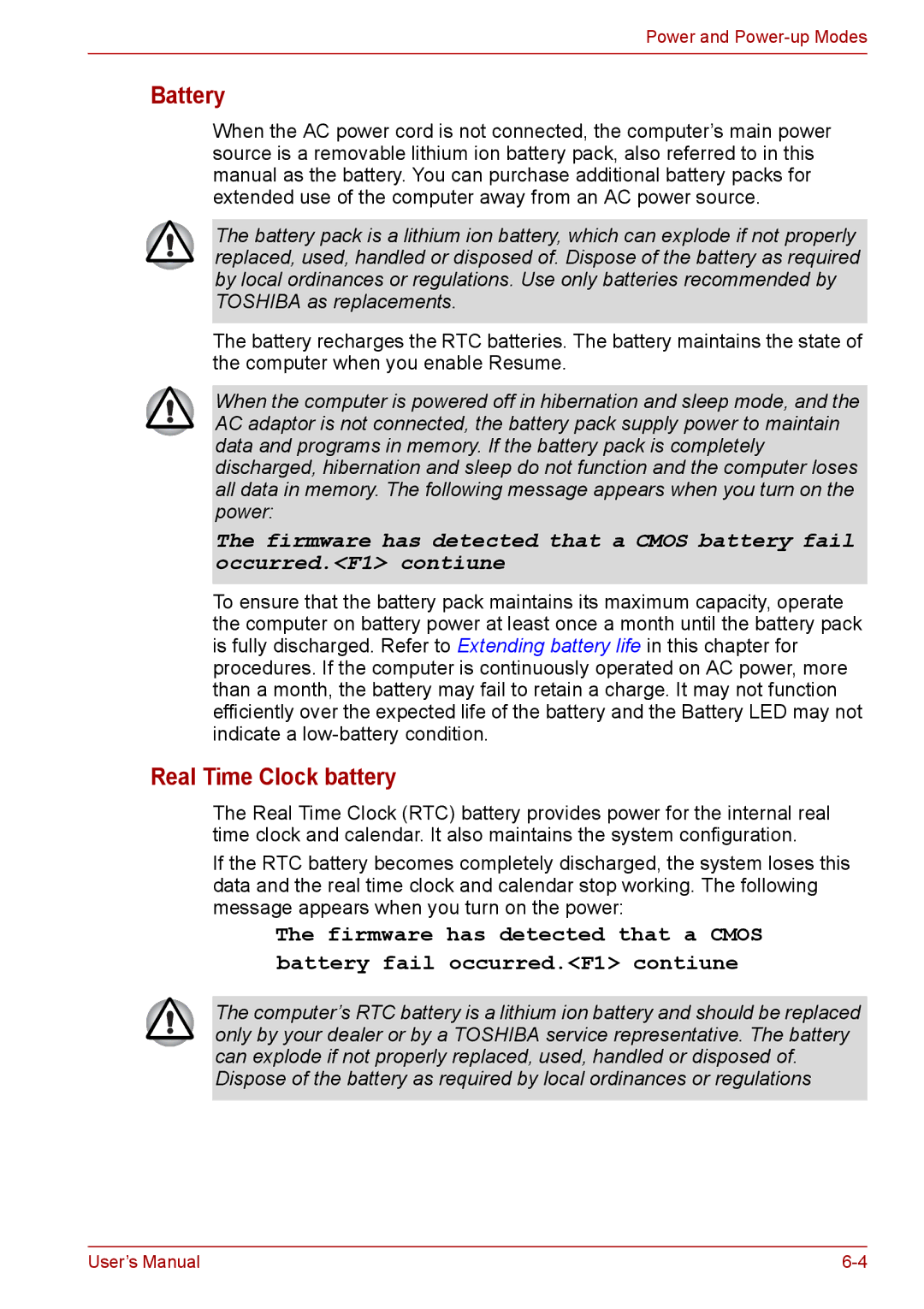 Toshiba PRO A300D user manual Battery, Real Time Clock battery 