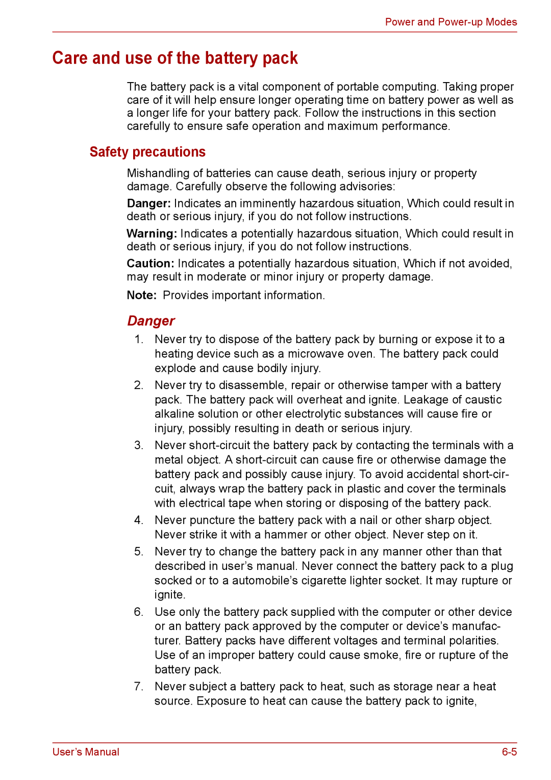 Toshiba PRO A300D user manual Care and use of the battery pack, Safety precautions 