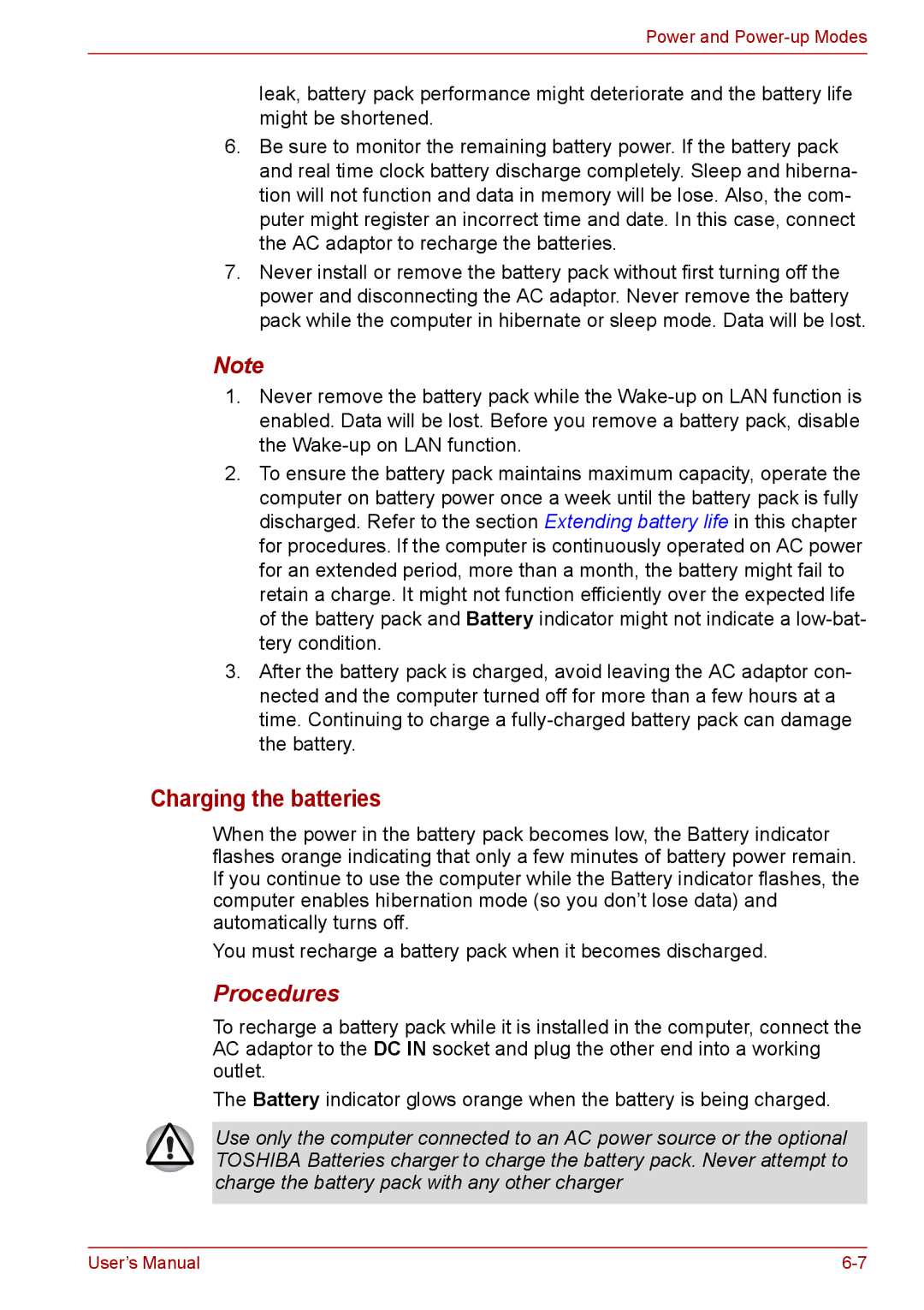 Toshiba PRO A300D user manual Charging the batteries, Procedures 