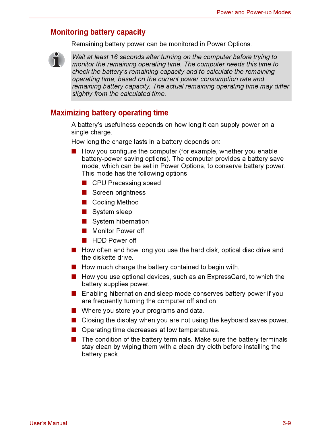 Toshiba PRO A300D user manual Monitoring battery capacity, Maximizing battery operating time 