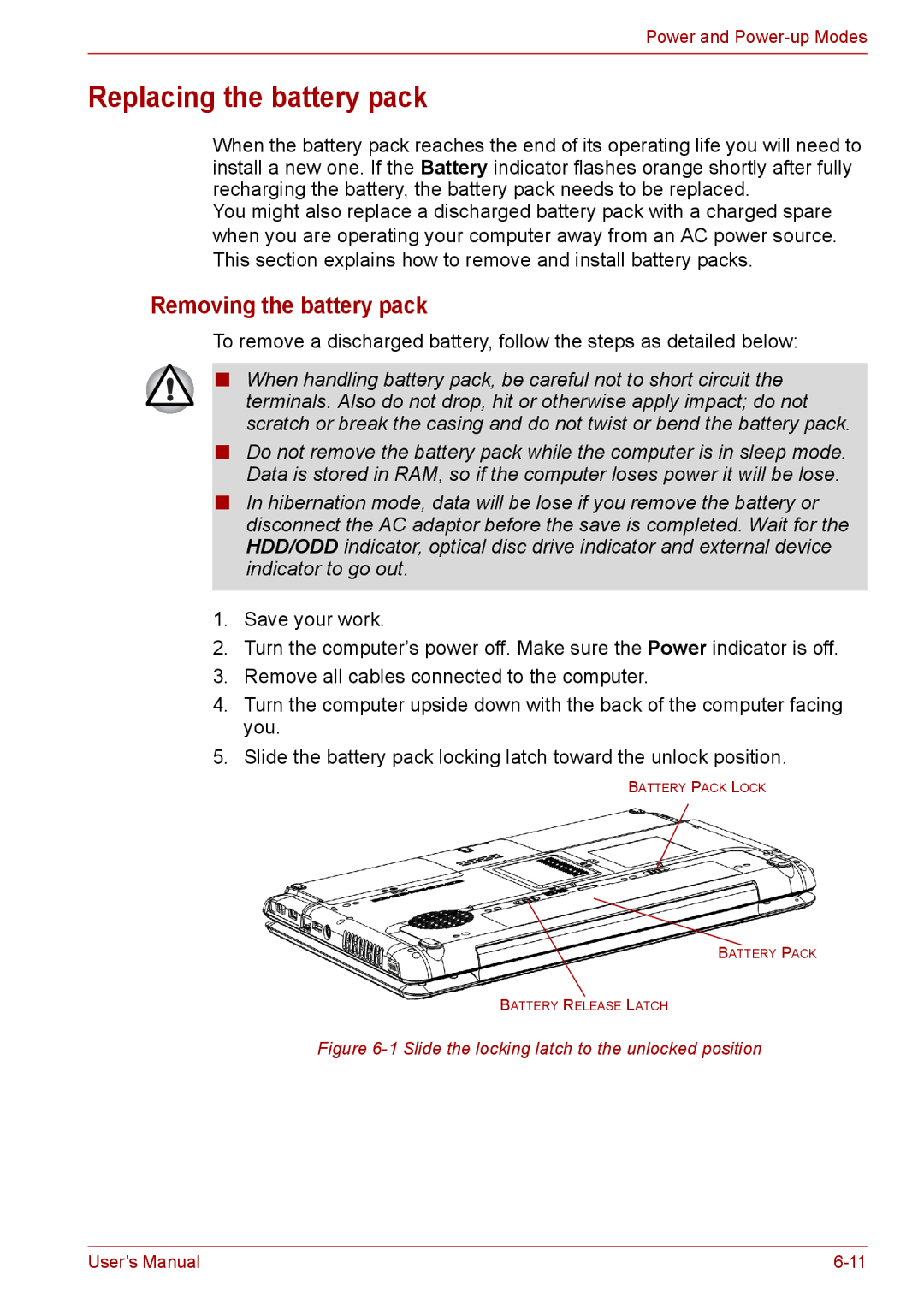 Toshiba PRO A300D user manual Replacing the battery pack, Removing the battery pack 