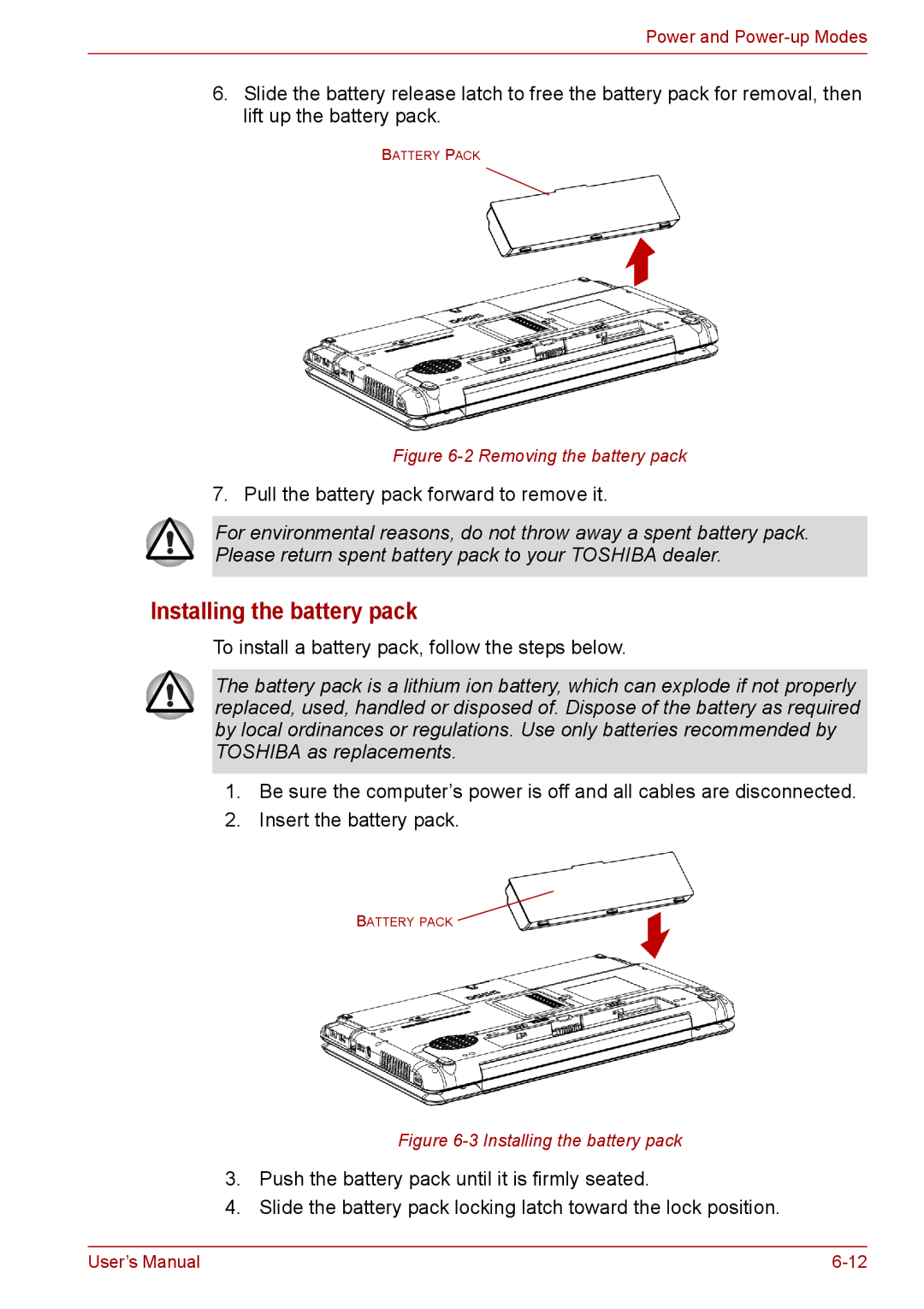 Toshiba PRO A300D user manual Installing the battery pack, Removing the battery pack 