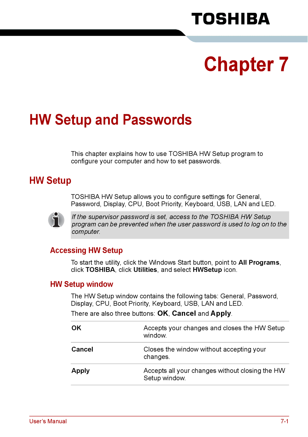 Toshiba PRO A300D user manual HW Setup and Passwords, Accessing HW Setup, HW Setup window 