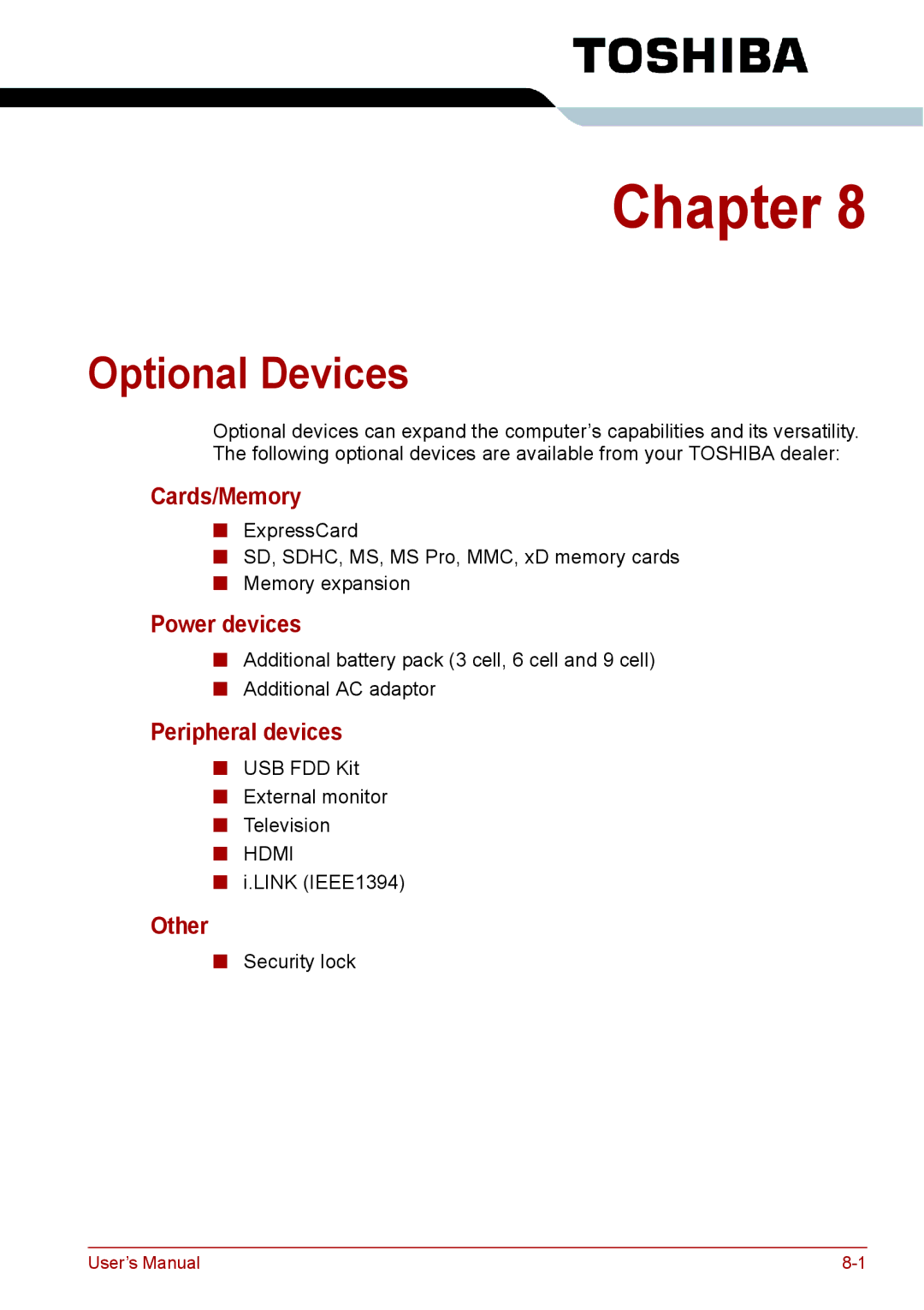 Toshiba PRO A300D user manual Optional Devices, Cards/Memory, Power devices, Peripheral devices, Other 