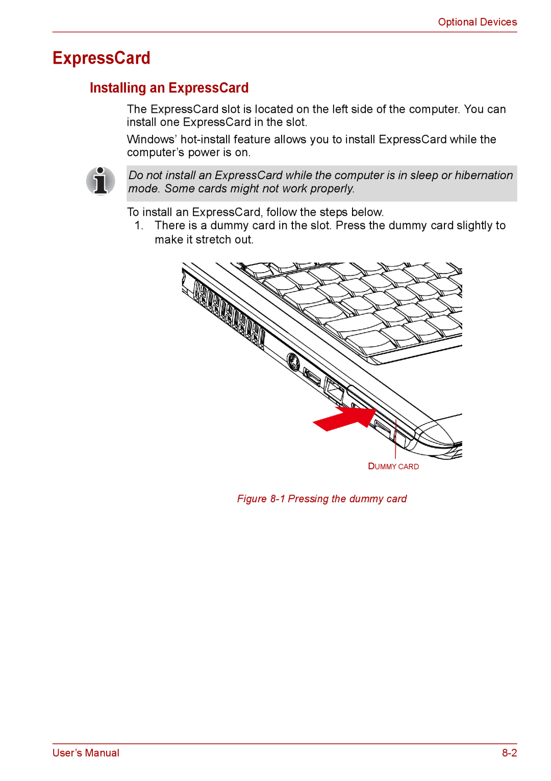 Toshiba PRO A300D user manual Installing an ExpressCard 