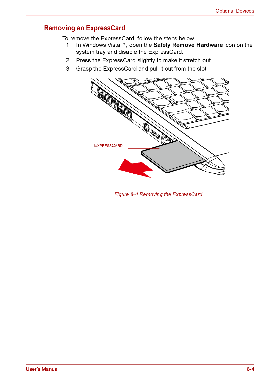 Toshiba PRO A300D user manual Removing an ExpressCard, Removing the ExpressCard 