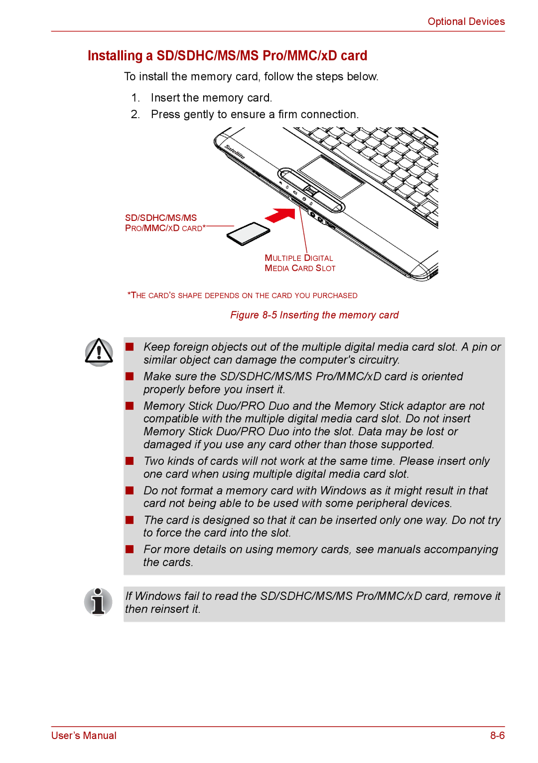 Toshiba PRO A300D user manual Installing a SD/SDHC/MS/MS Pro/MMC/xD card, Inserting the memory card 